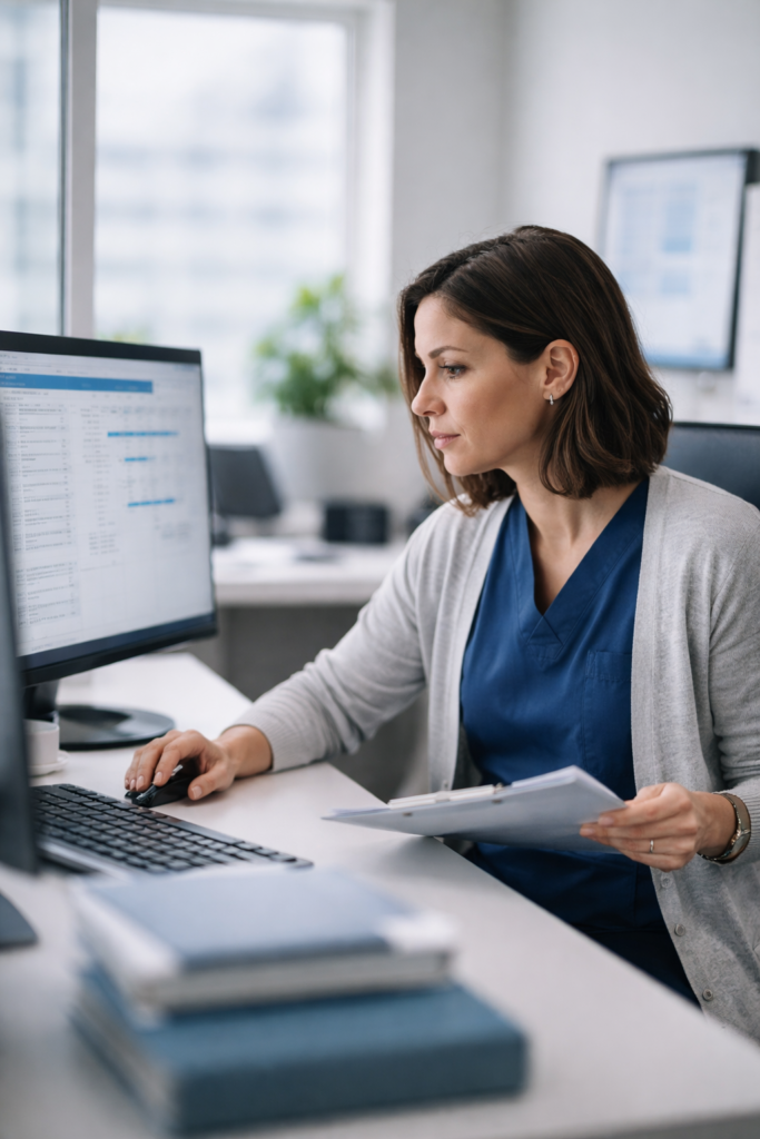 Healthcare professional reviewing revenue cycle data and billing reports