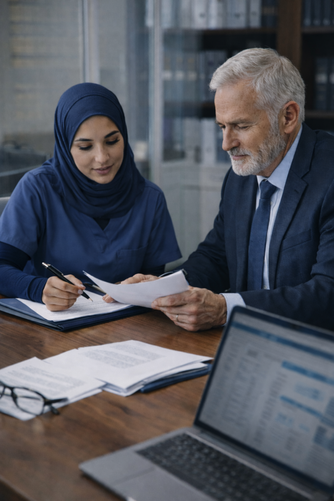 Healthcare compliance review meeting discussing documentation and regulatory oversight